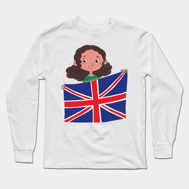 girl holding a large spread British flag Long Sleeve T-Shirt by duxpavlic